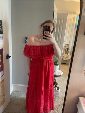 Off The Shoulder Red Eyelet Dress